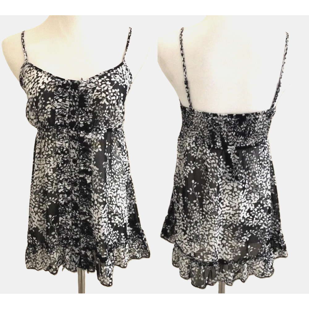 Y2k EXPRESS XS Babydoll Cami Black Sheer Button down Strap Ruffles Smocked New